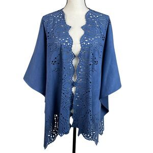 Chico’s Women's Open Front Poncho Cape Top One Size Blue Faux Suede Laser-Cut